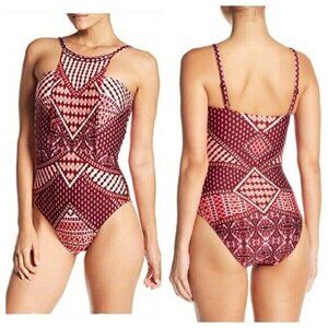 NWT Kenneth Cole NY Hidden Paradise Red White Tie Dye One piece Swimsuit S